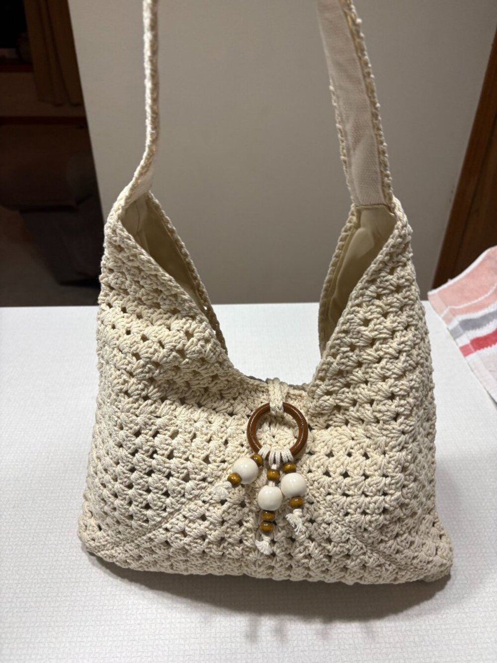 Like New Large Ivory Crochet Hobo Bag